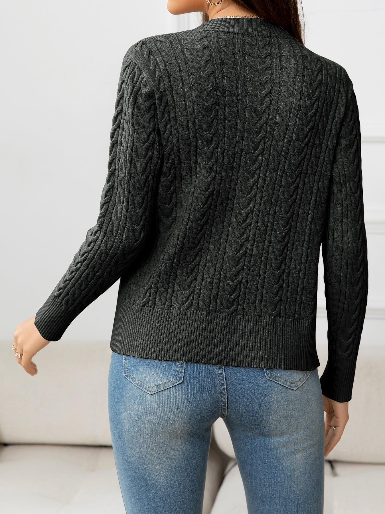 V-Neck Long Sleeve Cable-Knit Buttoned Knit Top BLUE ZONE PLANET