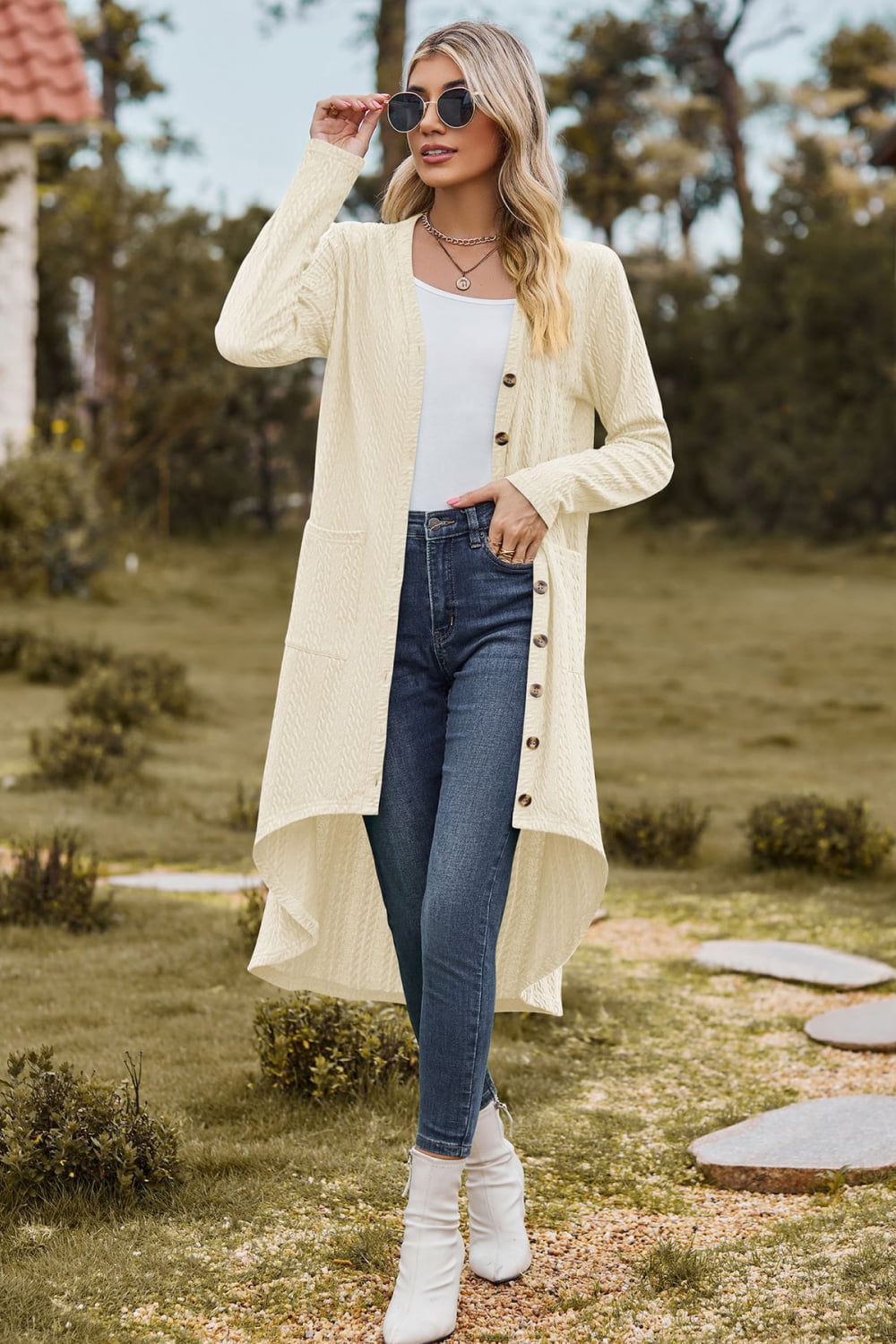 V-Neck Long Sleeve Cardigan with Pocket BLUE ZONE PLANET