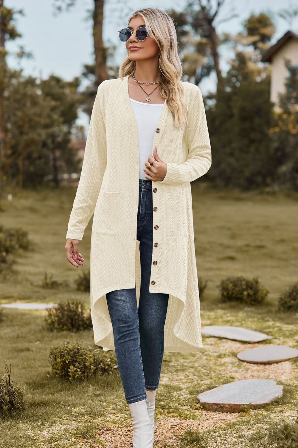 V-Neck Long Sleeve Cardigan with Pocket BLUE ZONE PLANET