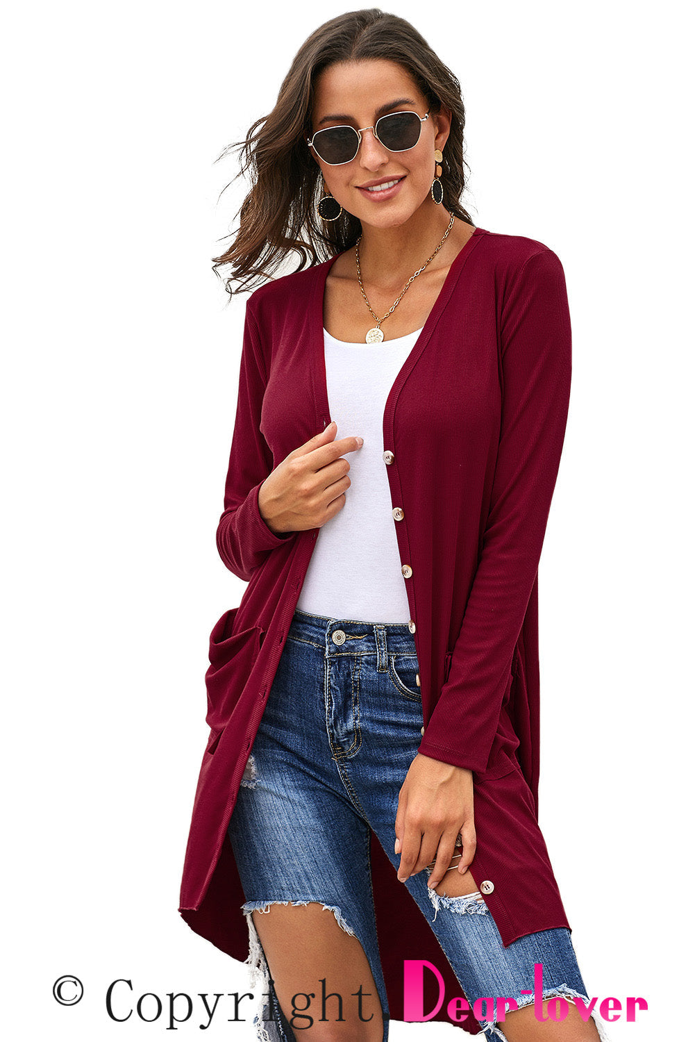 V-Neck Long Sleeve Cardigan with Pocket BLUE ZONE PLANET