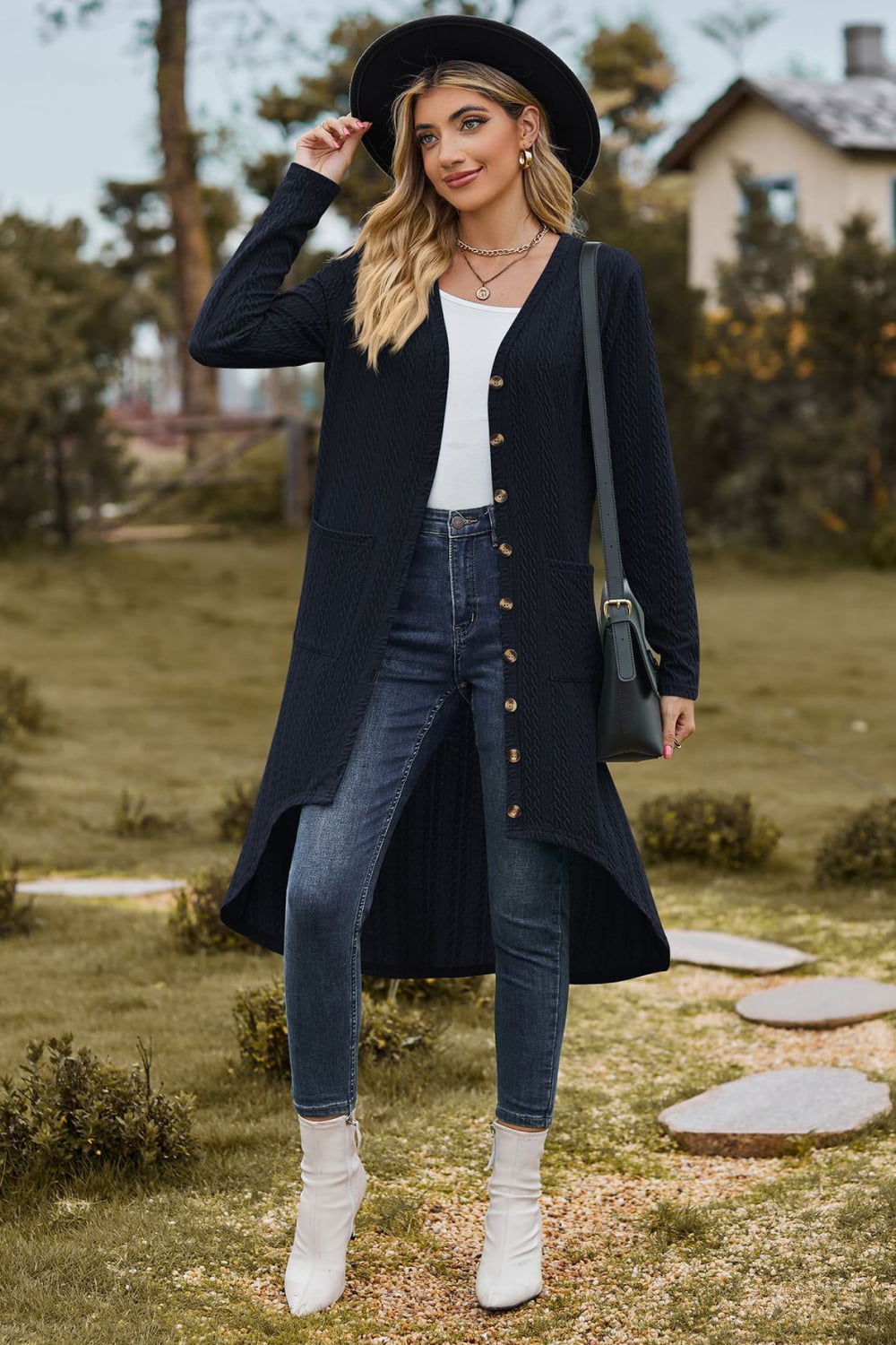 V-Neck Long Sleeve Cardigan with Pocket BLUE ZONE PLANET