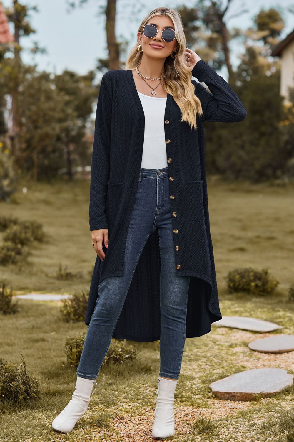 V-Neck Long Sleeve Cardigan with Pocket BLUE ZONE PLANET