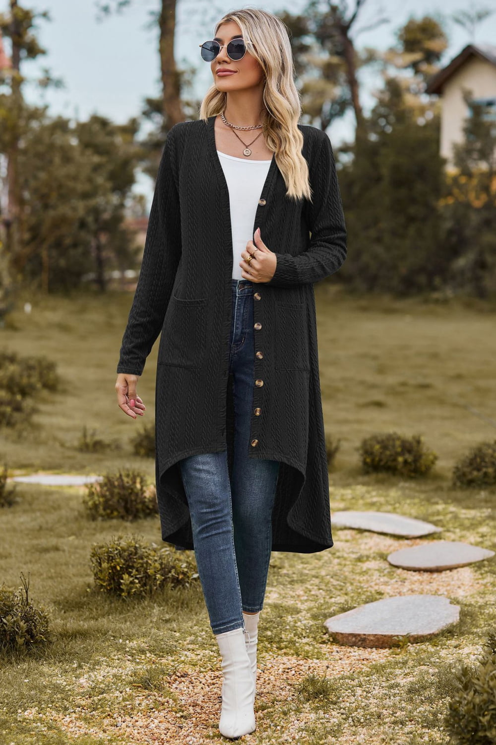 V-Neck Long Sleeve Cardigan with Pocket BLUE ZONE PLANET