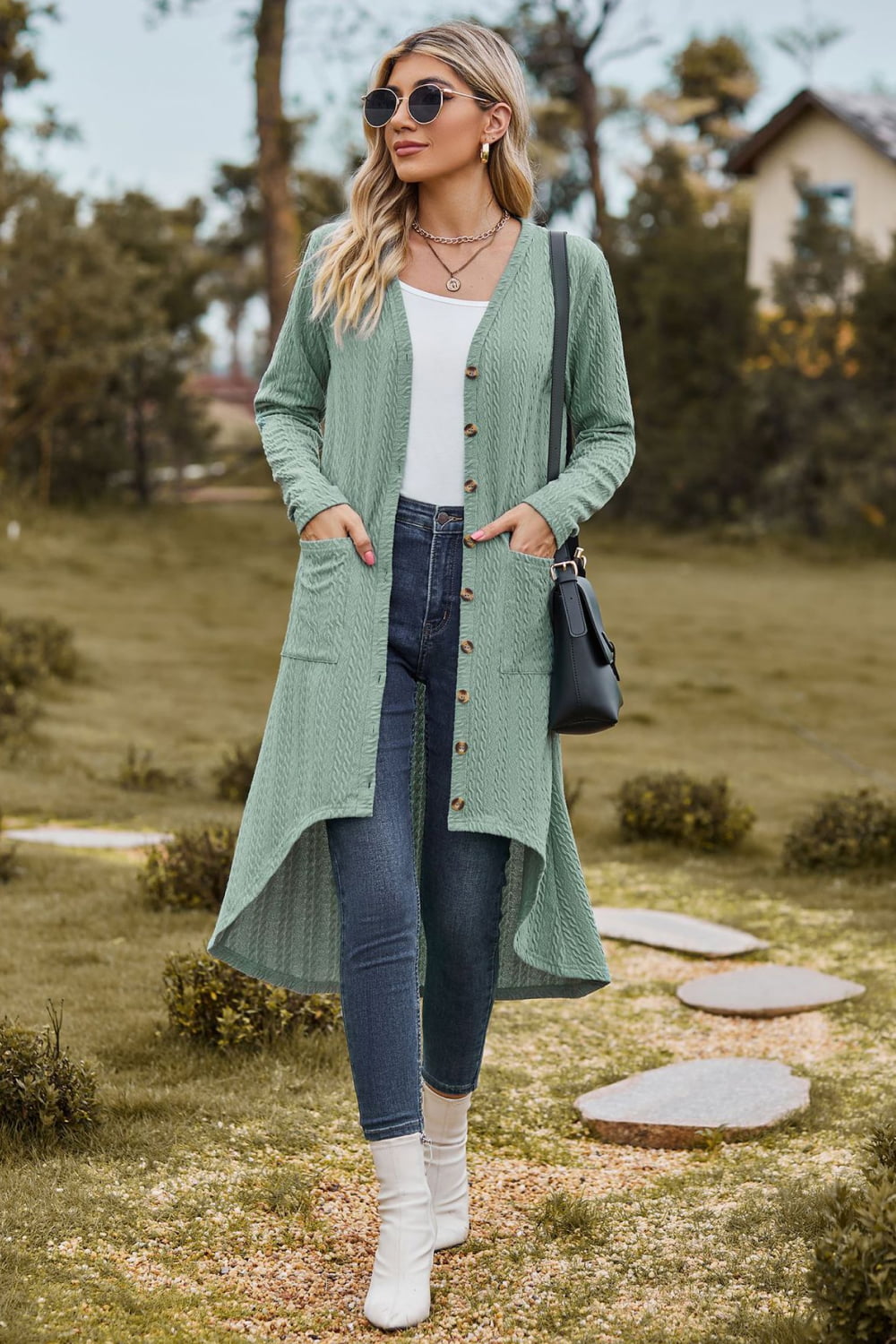 V-Neck Long Sleeve Cardigan with Pocket BLUE ZONE PLANET