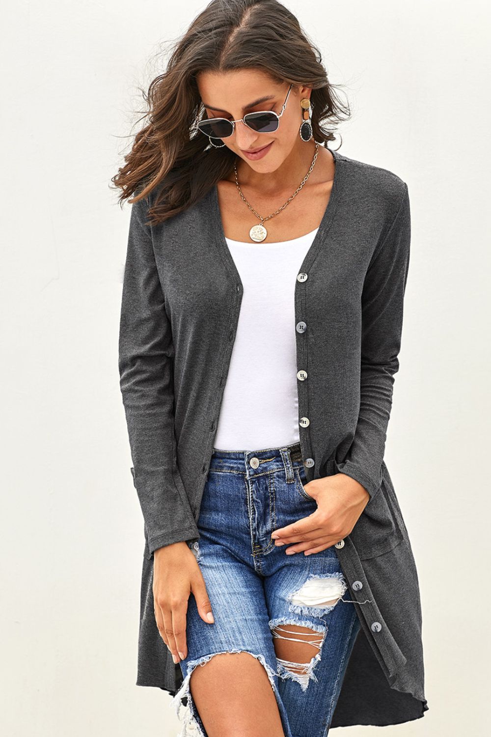 V-Neck Long Sleeve Cardigan with Pocket BLUE ZONE PLANET