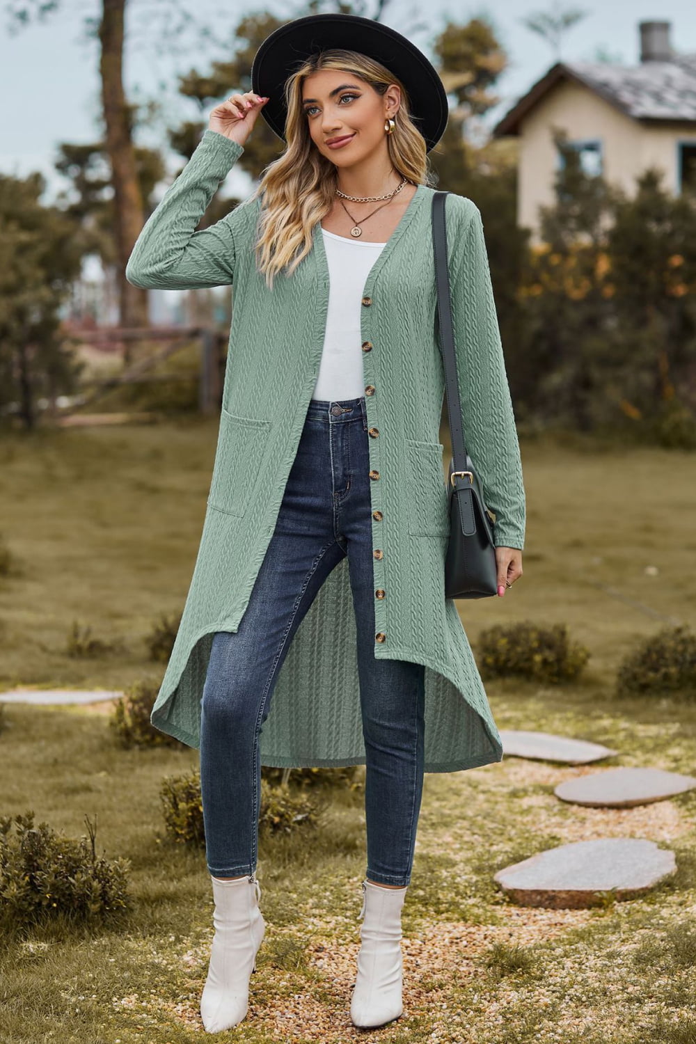 V-Neck Long Sleeve Cardigan with Pocket BLUE ZONE PLANET