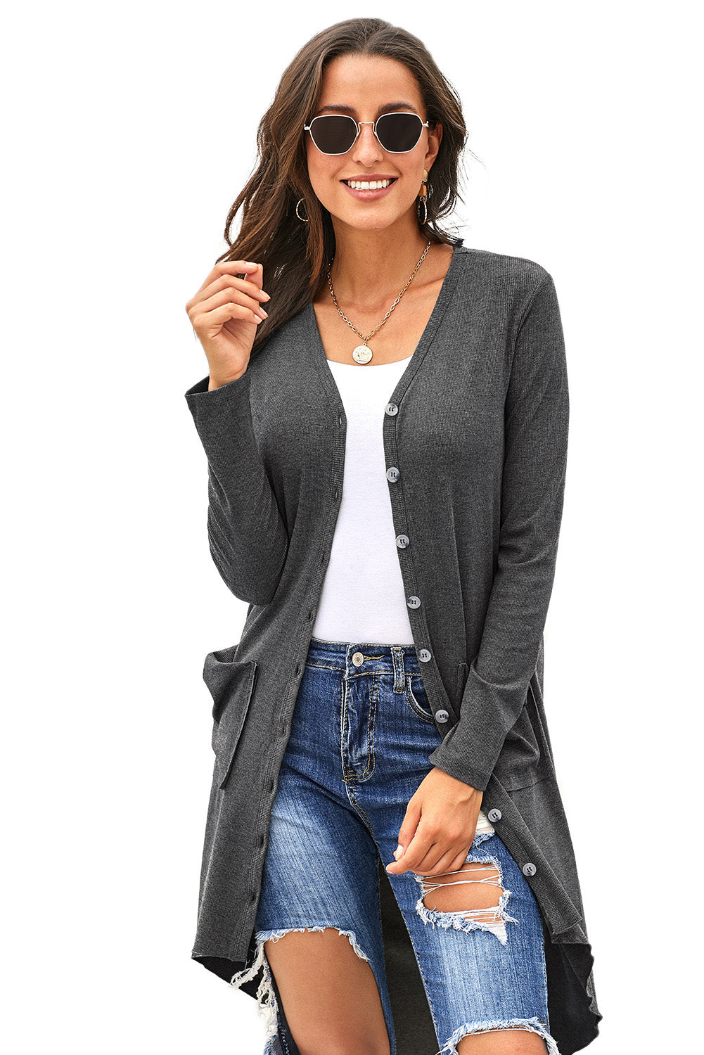 V-Neck Long Sleeve Cardigan with Pocket BLUE ZONE PLANET