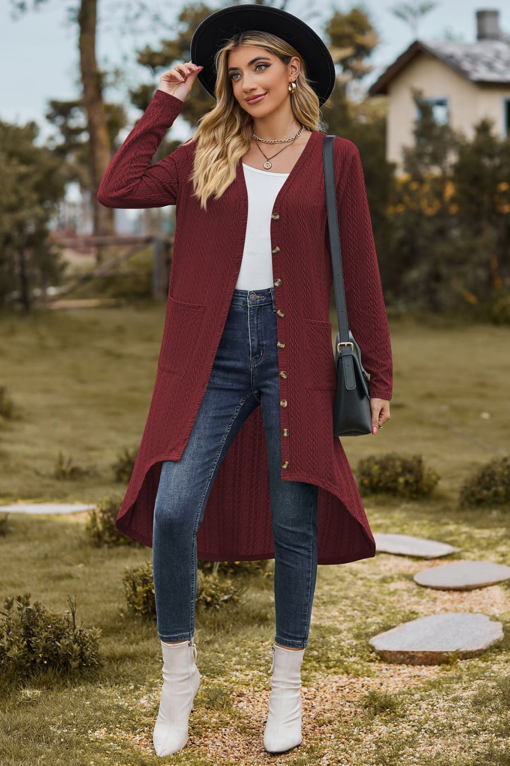 V-Neck Long Sleeve Cardigan with Pocket BLUE ZONE PLANET