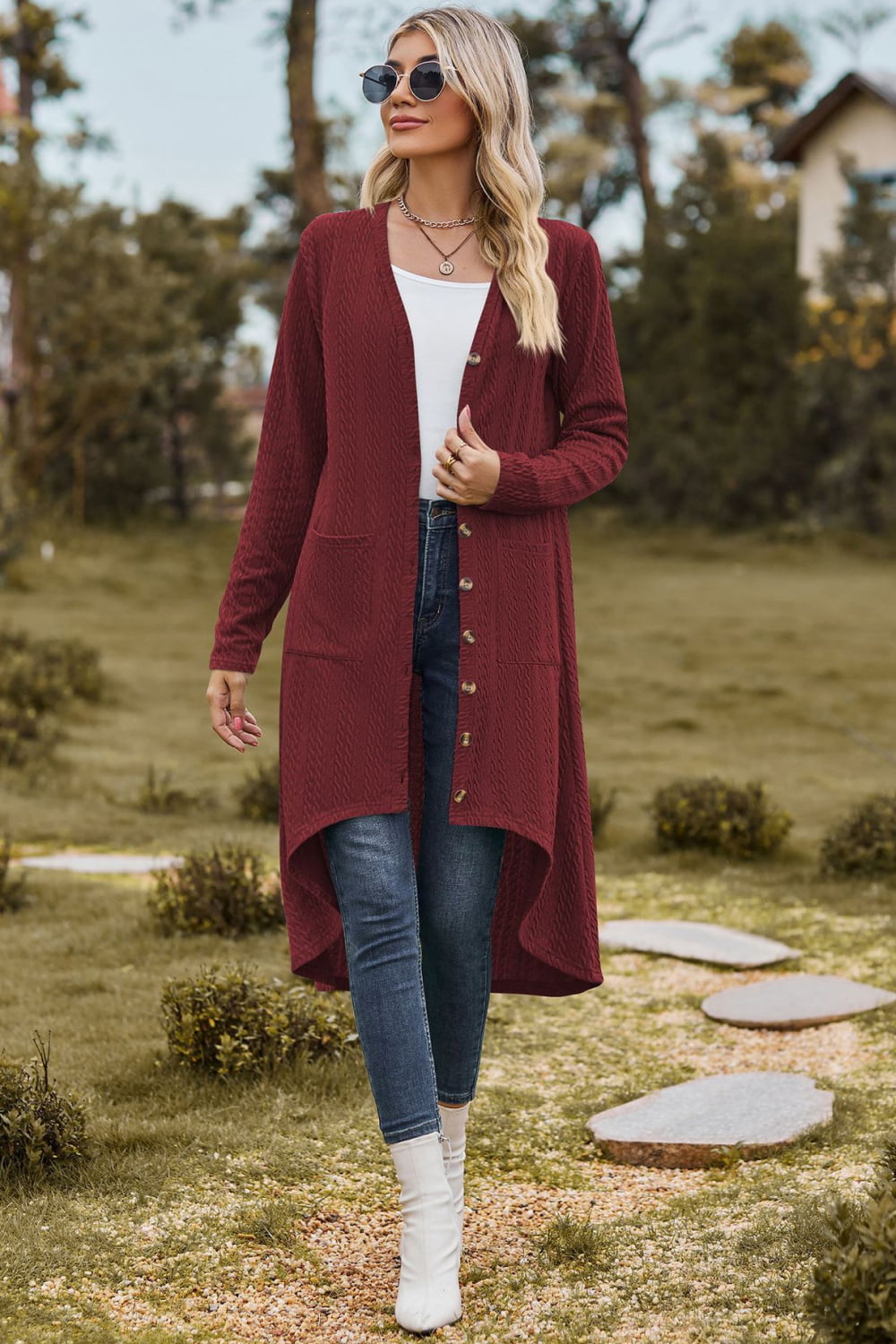 V-Neck Long Sleeve Cardigan with Pocket BLUE ZONE PLANET