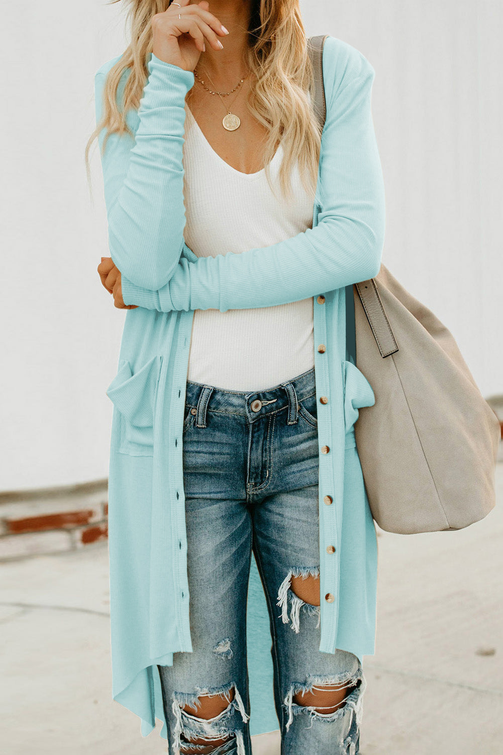 V-Neck Long Sleeve Cardigan with Pocket BLUE ZONE PLANET