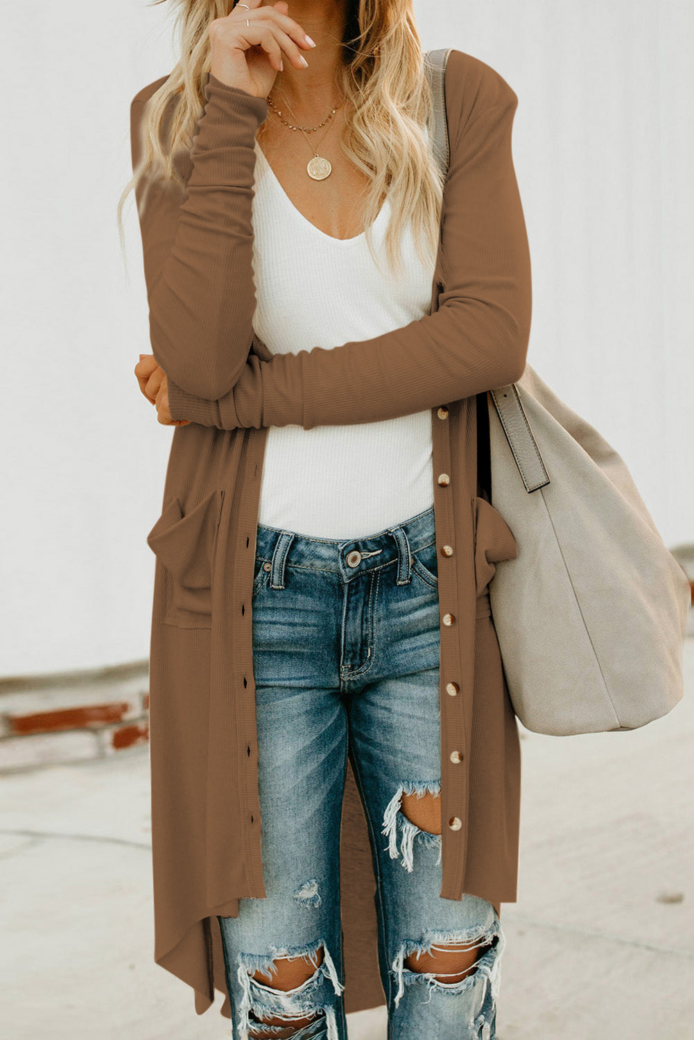 V-Neck Long Sleeve Cardigan with Pocket BLUE ZONE PLANET