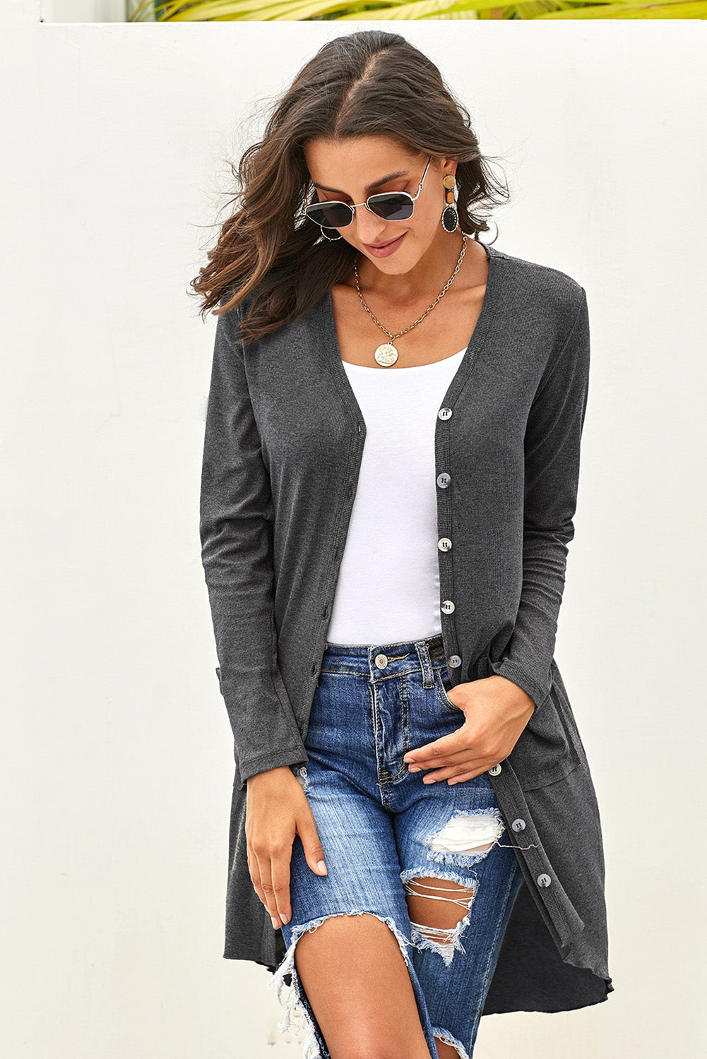 V-Neck Long Sleeve Cardigan with Pocket BLUE ZONE PLANET