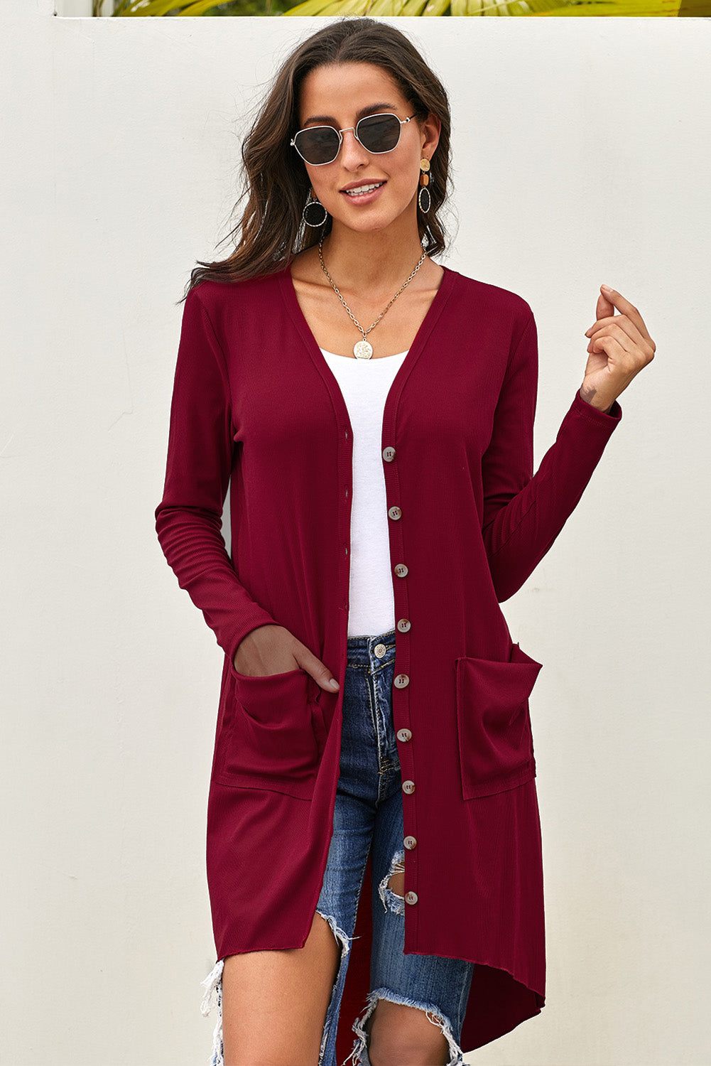 V-Neck Long Sleeve Cardigan with Pocket BLUE ZONE PLANET