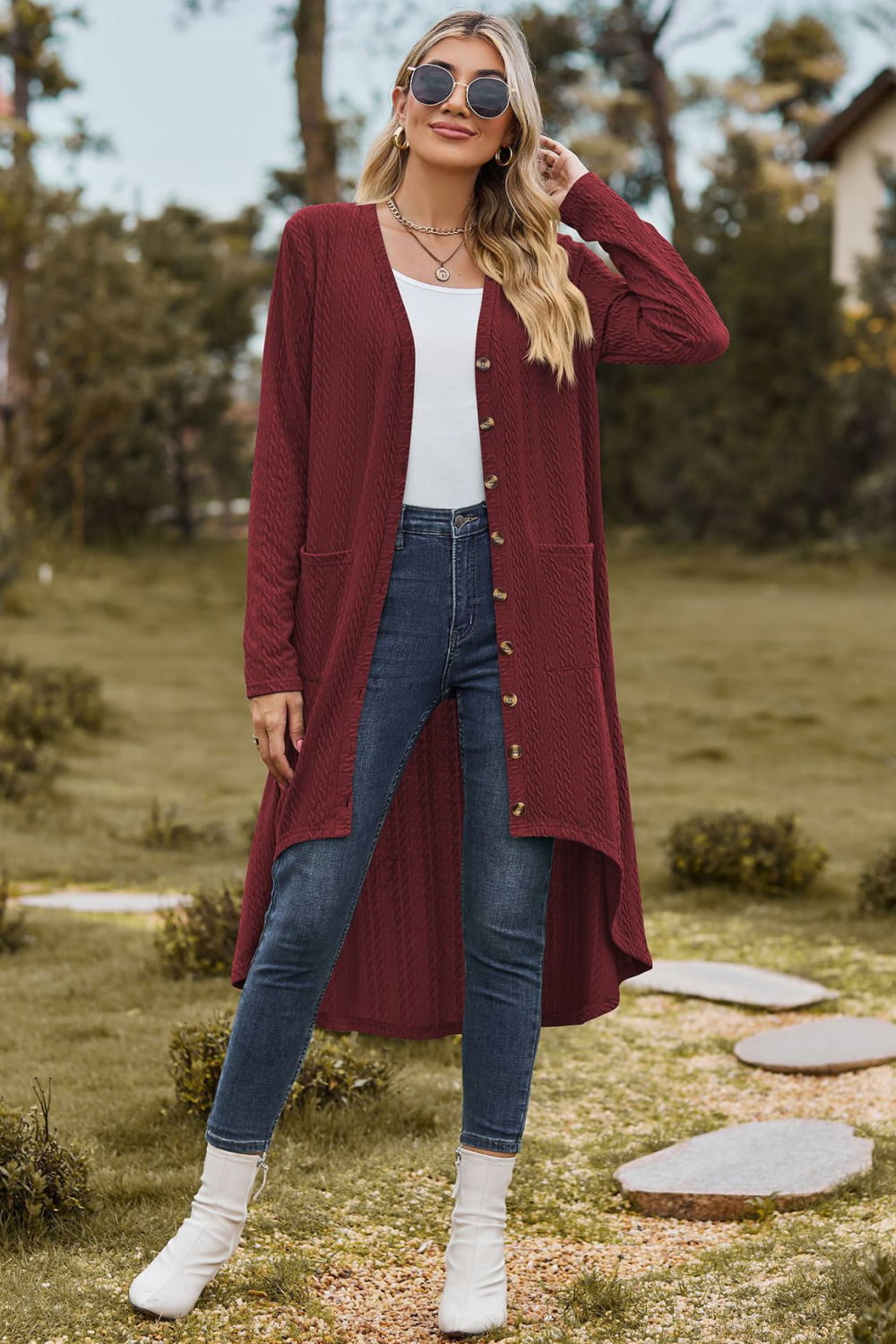 V-Neck Long Sleeve Cardigan with Pocket BLUE ZONE PLANET