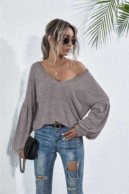 V-Neck Long Sleeve Dropped Shoulder Knit Top BLUE ZONE PLANET