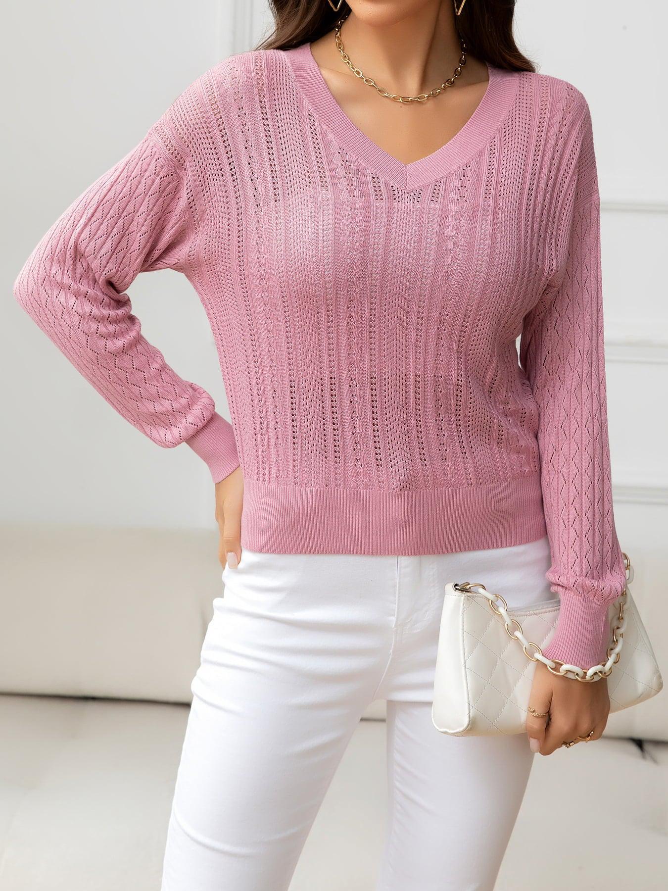 V-Neck Long Sleeve Eyelet Knit Top BLUE ZONE PLANET