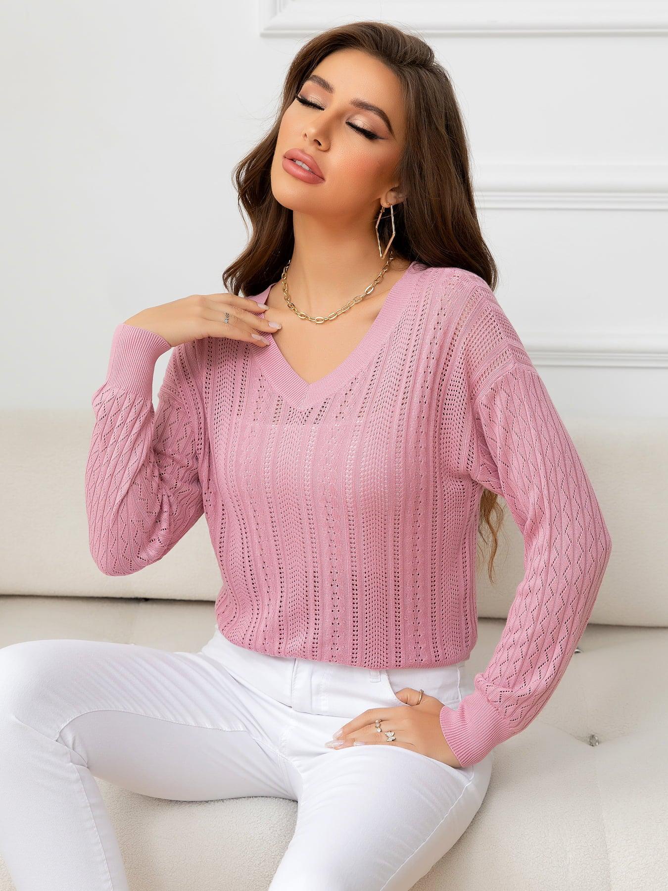 V-Neck Long Sleeve Eyelet Knit Top BLUE ZONE PLANET