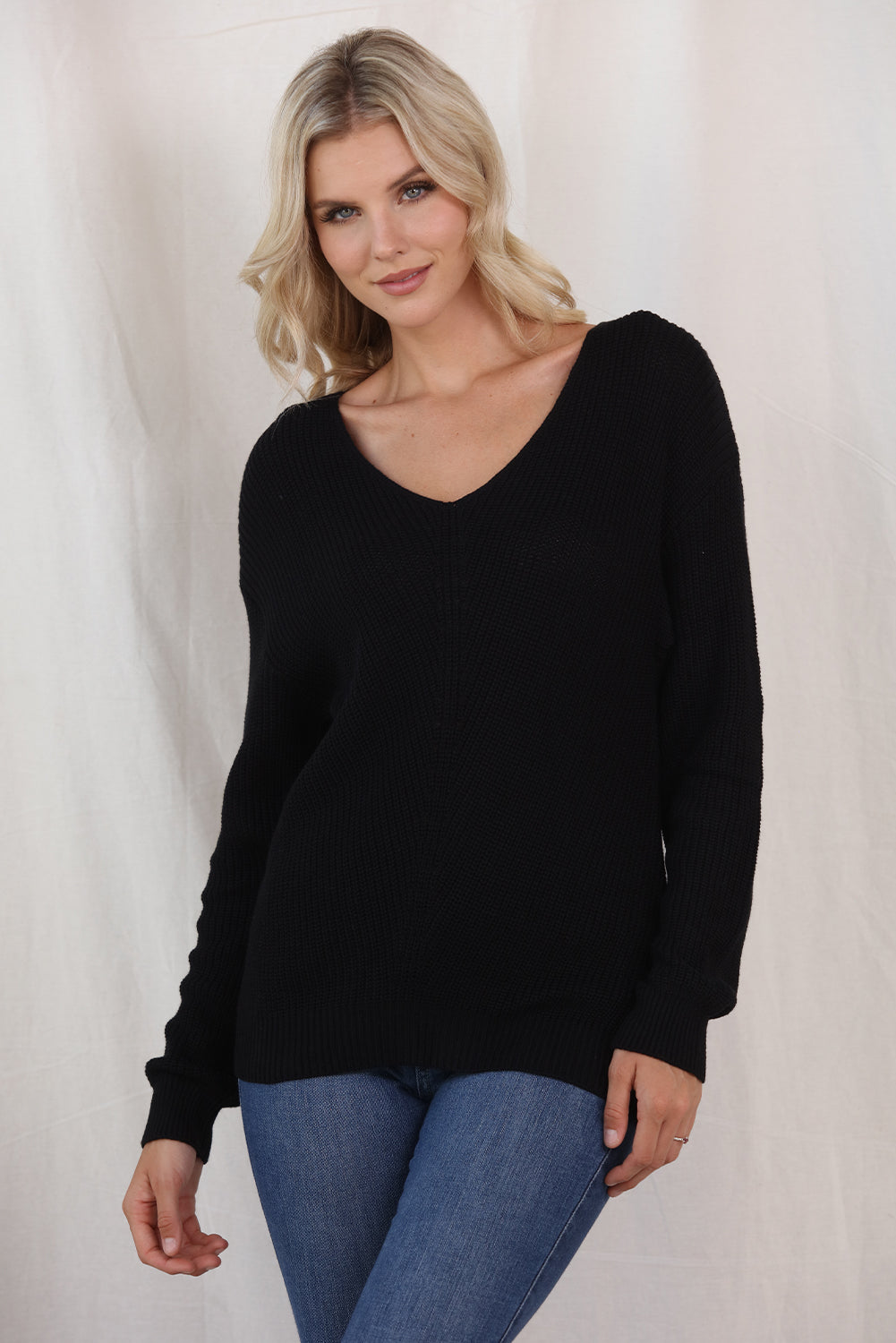 V-Neck Long Sleeve Knit Top BLUE ZONE PLANET