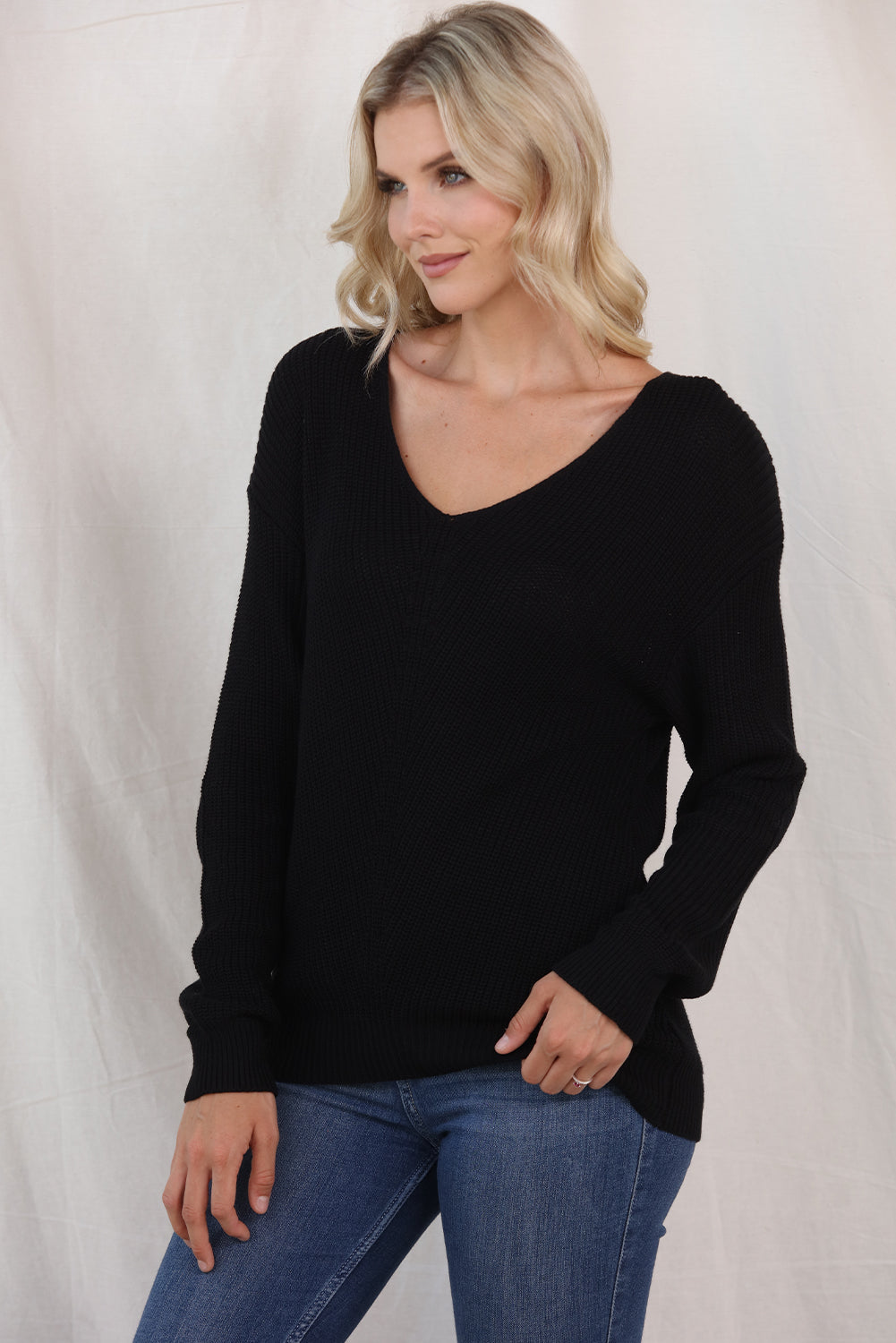 V-Neck Long Sleeve Knit Top BLUE ZONE PLANET