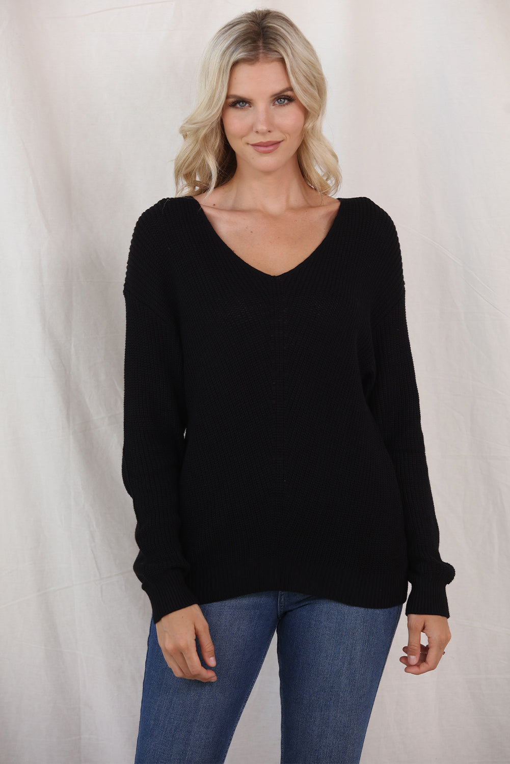 V-Neck Long Sleeve Knit Top BLUE ZONE PLANET