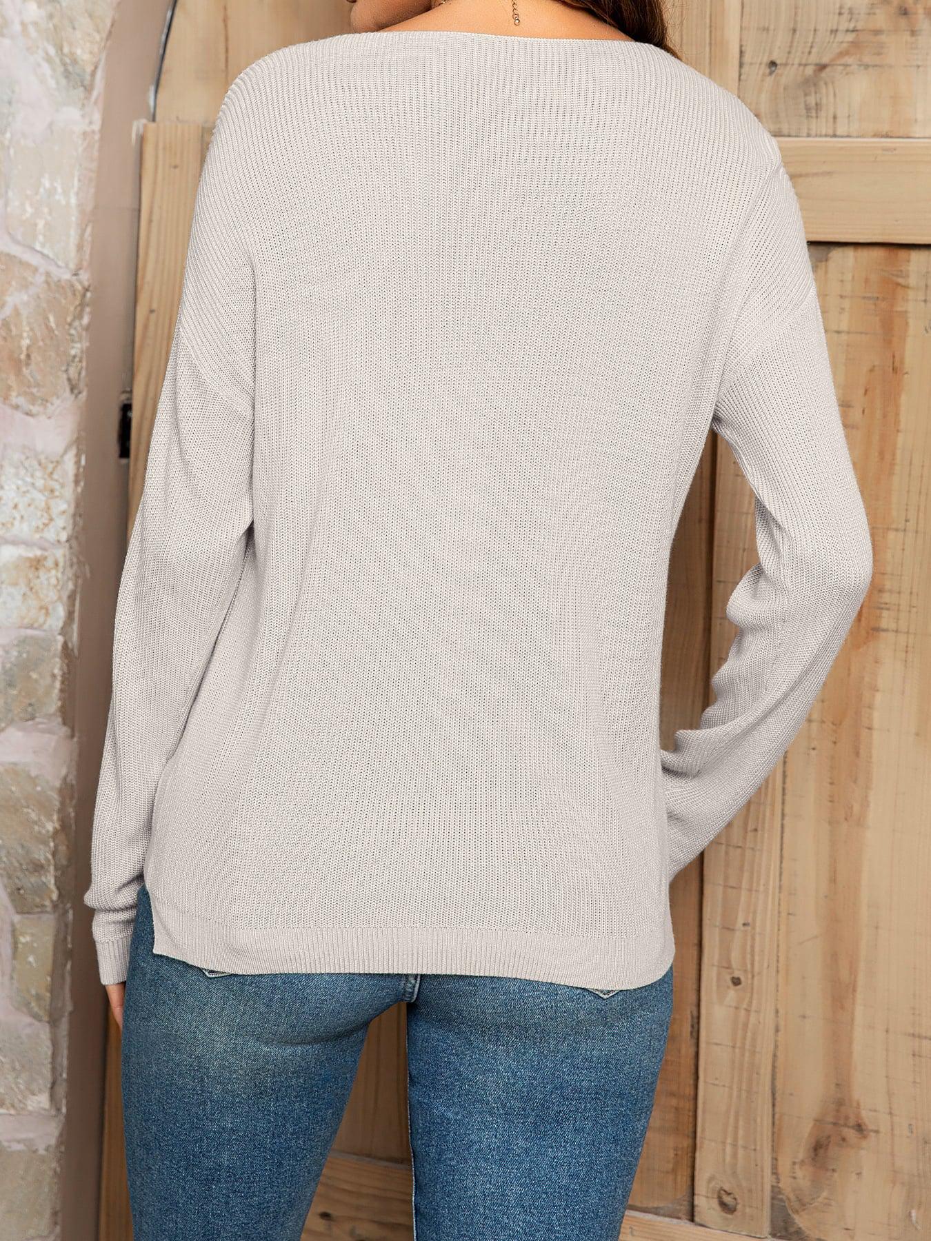 V-Neck Long Sleeve Knit Top with Pocket BLUE ZONE PLANET