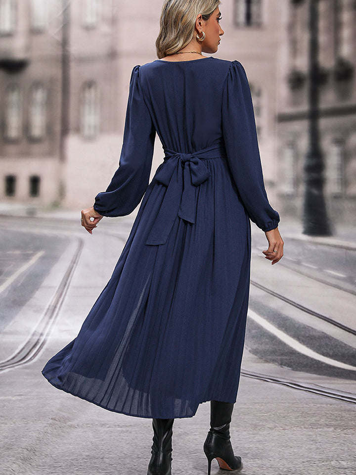 V-Neck Long Sleeve Pleated Slit Dress BLUE ZONE PLANET