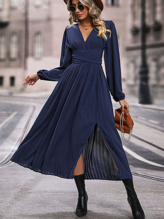 V-Neck Long Sleeve Pleated Slit Dress BLUE ZONE PLANET