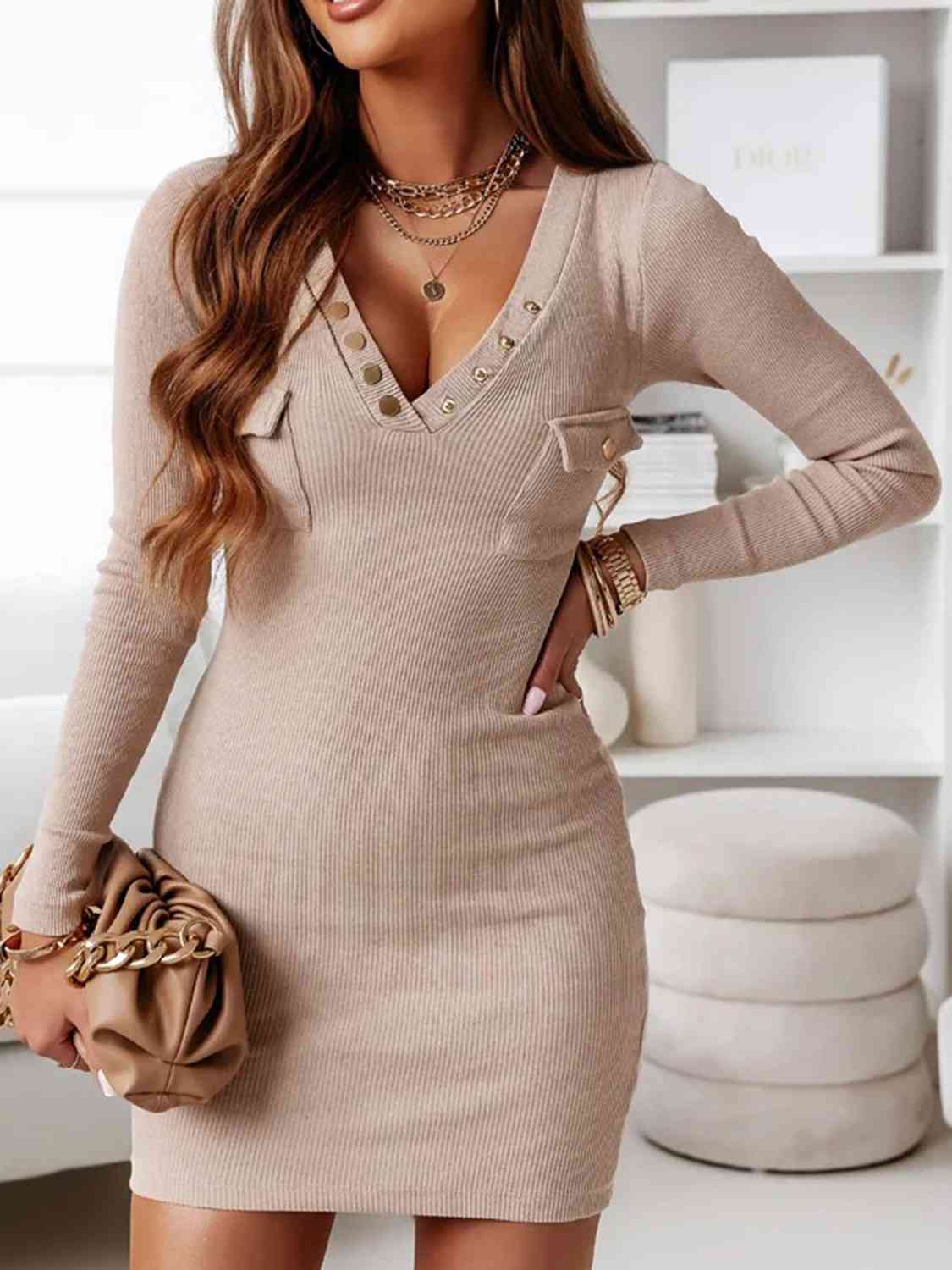 V-Neck Long Sleeve Ribbed Dress BLUE ZONE PLANET