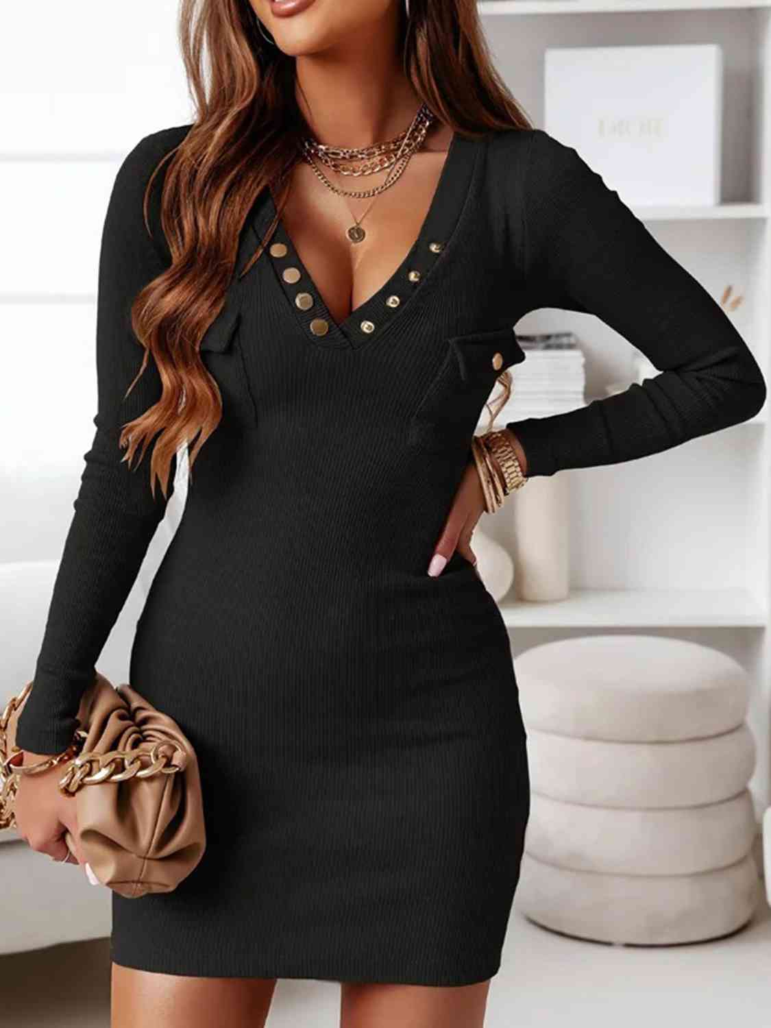 V-Neck Long Sleeve Ribbed Dress BLUE ZONE PLANET