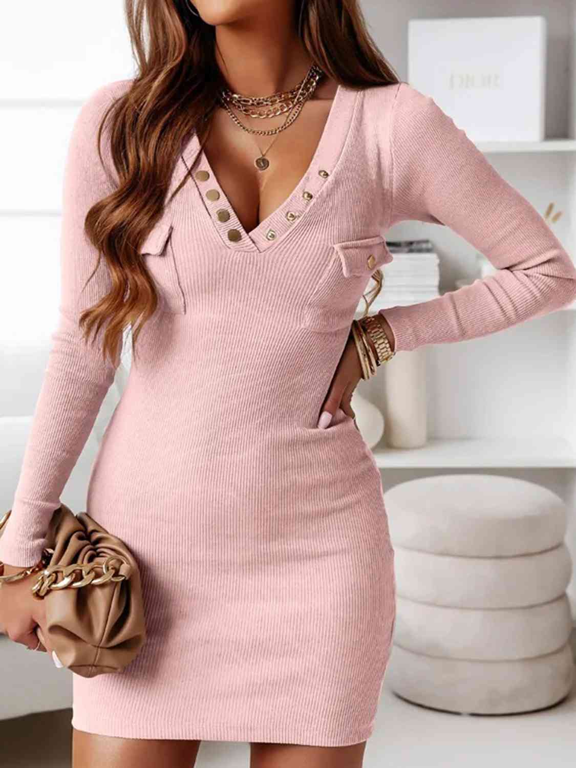 V-Neck Long Sleeve Ribbed Dress BLUE ZONE PLANET