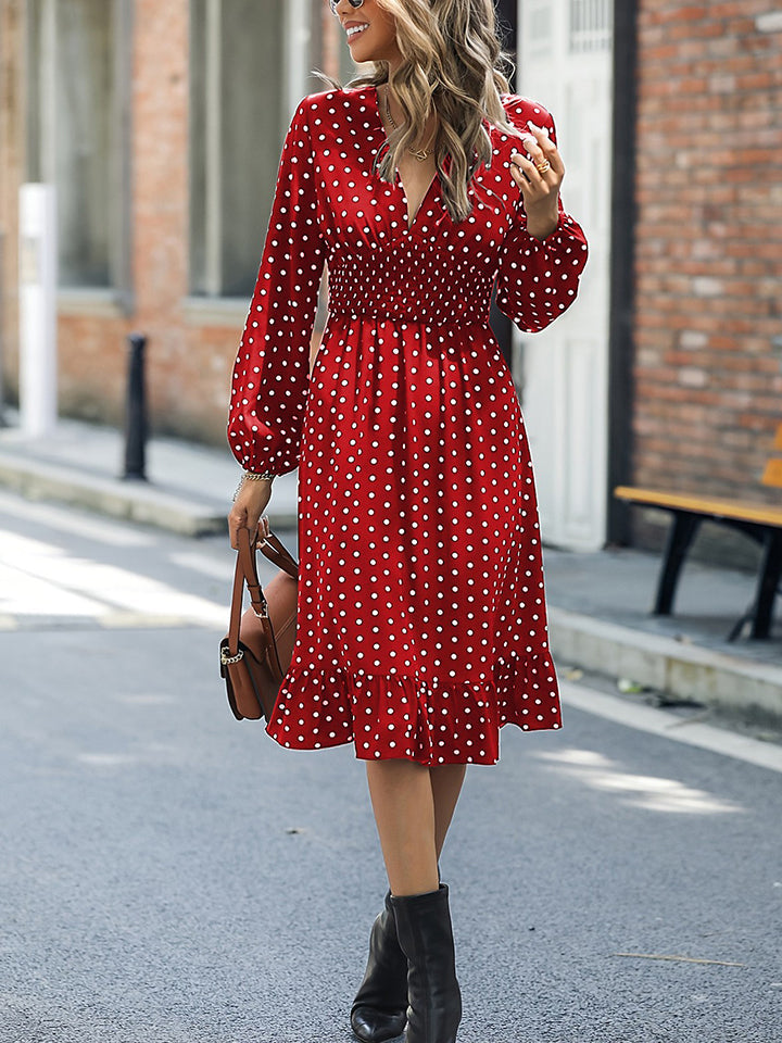 V-Neck Long Sleeve Ruffle Hem Dress BLUE ZONE PLANET