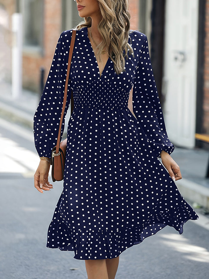 V-Neck Long Sleeve Ruffle Hem Dress BLUE ZONE PLANET