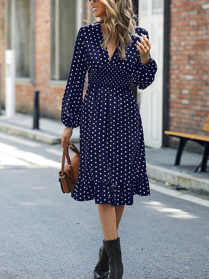 V-Neck Long Sleeve Ruffle Hem Dress BLUE ZONE PLANET