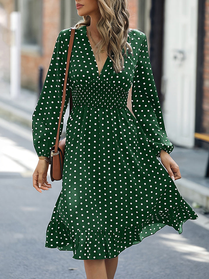 V-Neck Long Sleeve Ruffle Hem Dress BLUE ZONE PLANET