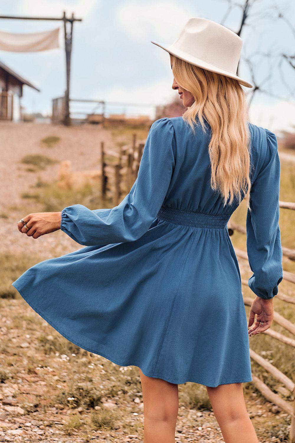 V-Neck Long Sleeve Smocked Waist Mini Dress BLUE ZONE PLANET