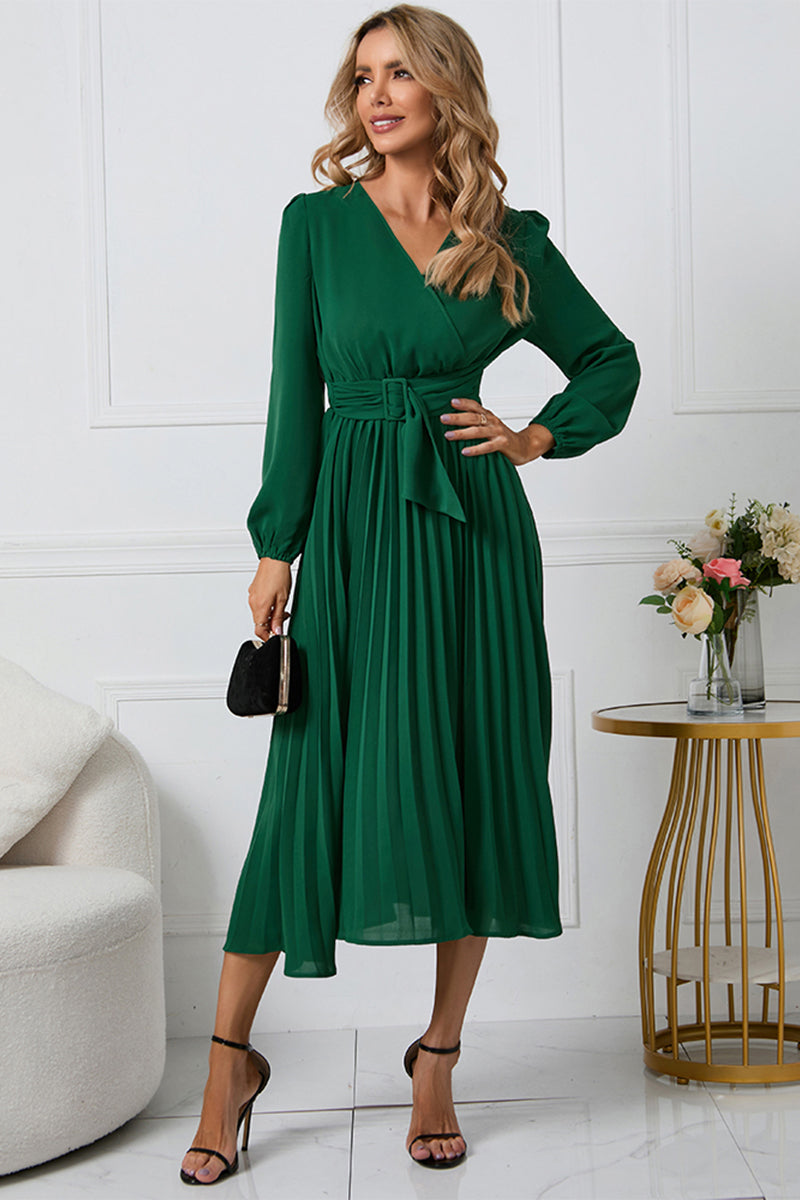 V-Neck Long Sleeve Tie Waist Midi Dress BLUE ZONE PLANET