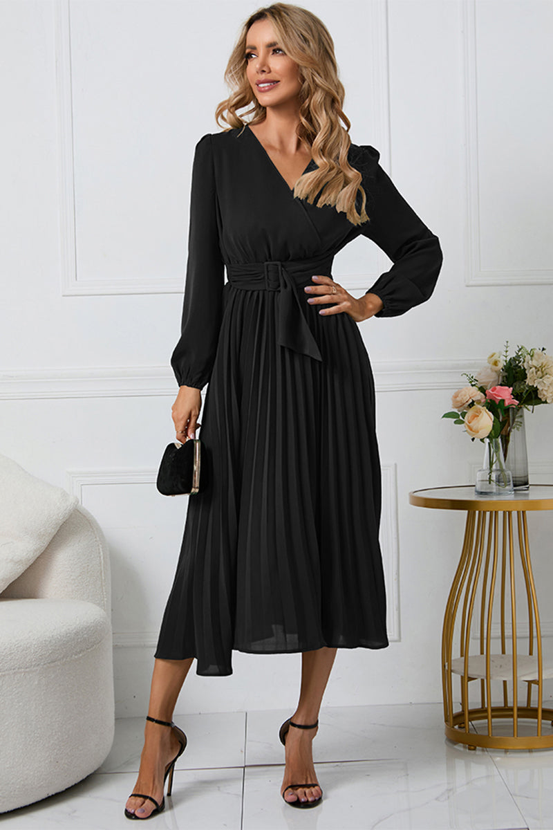 V-Neck Long Sleeve Tie Waist Midi Dress BLUE ZONE PLANET