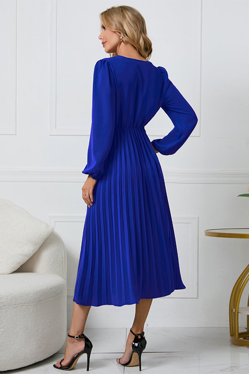 V-Neck Long Sleeve Tie Waist Midi Dress BLUE ZONE PLANET