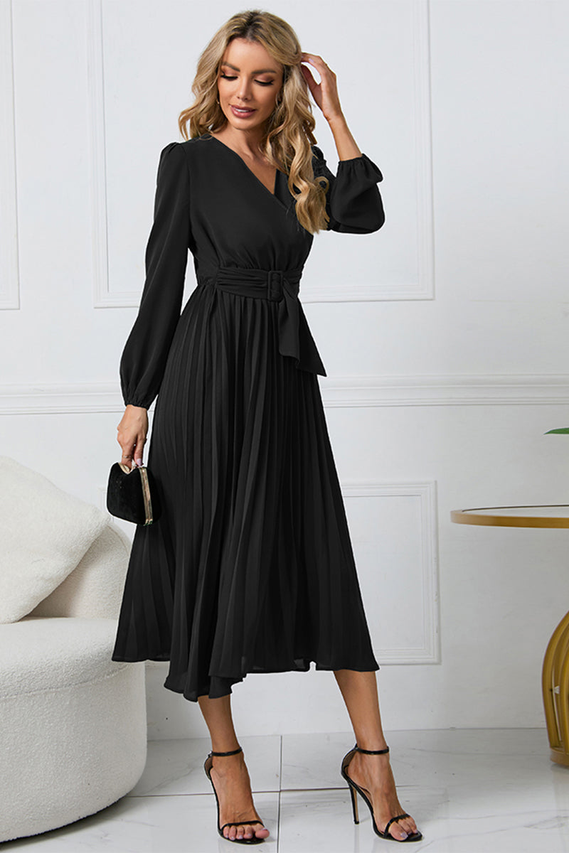 V-Neck Long Sleeve Tie Waist Midi Dress BLUE ZONE PLANET