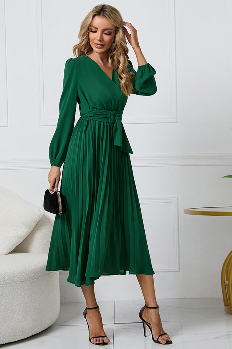 V-Neck Long Sleeve Tie Waist Midi Dress BLUE ZONE PLANET