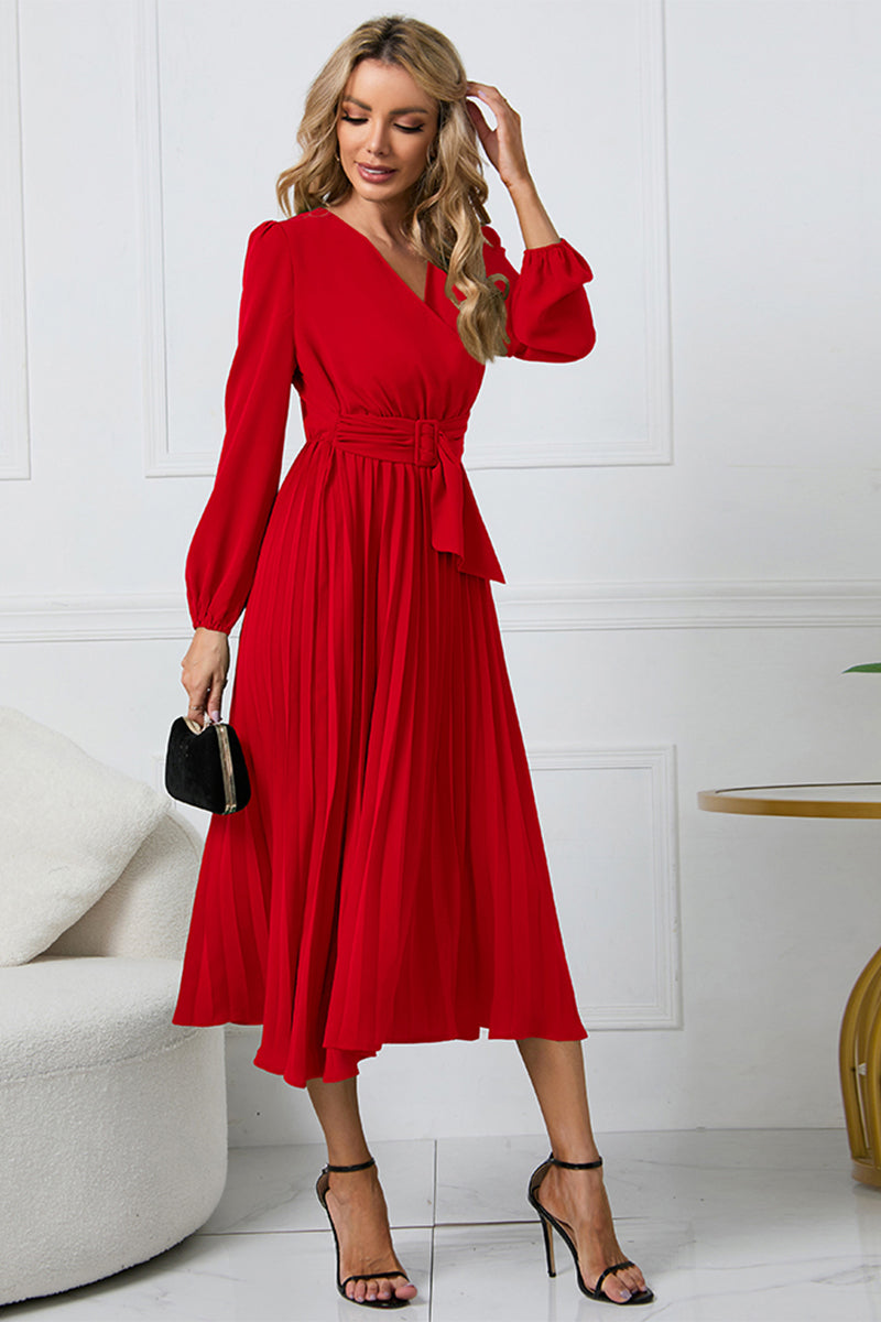 V-Neck Long Sleeve Tie Waist Midi Dress BLUE ZONE PLANET