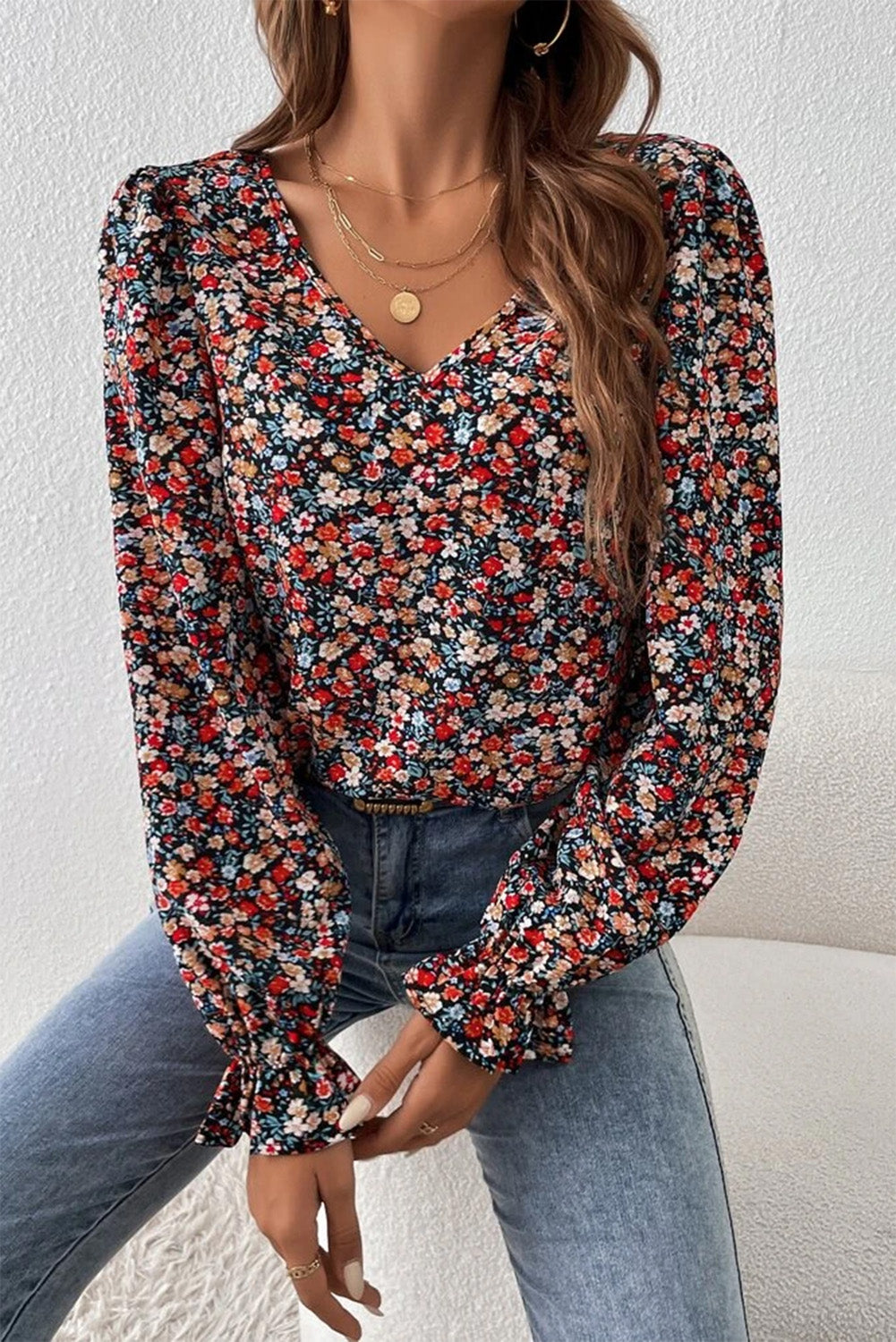 V-Neck Printed Long Sleeve Blouse BLUE ZONE PLANET