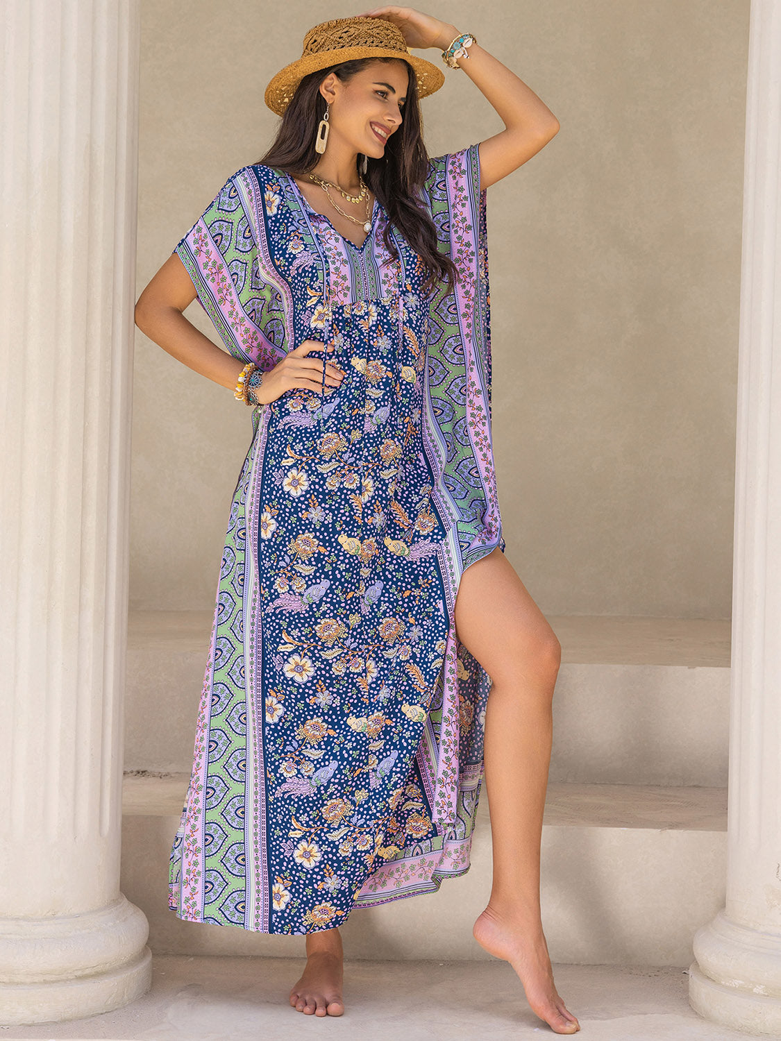 V-Neck Printed Slit Maxi Dress BLUE ZONE PLANET