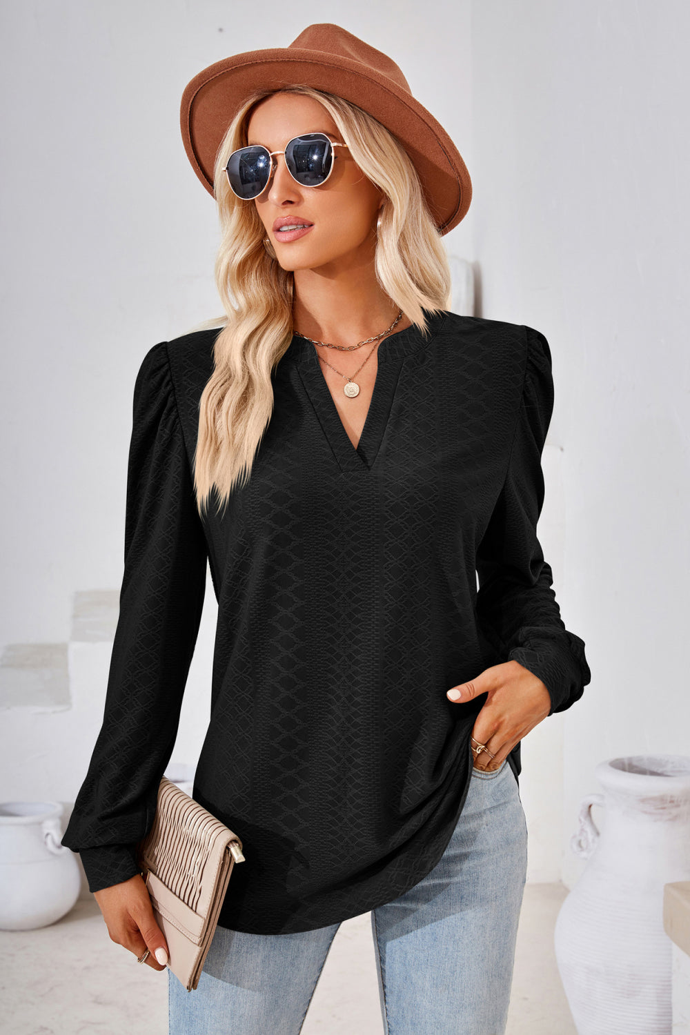 V-Neck Puff Sleeve Blouse BLUE ZONE PLANET