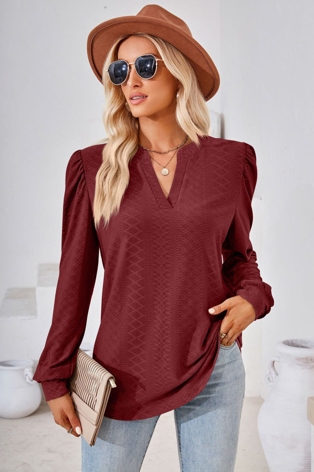 V-Neck Puff Sleeve Blouse BLUE ZONE PLANET