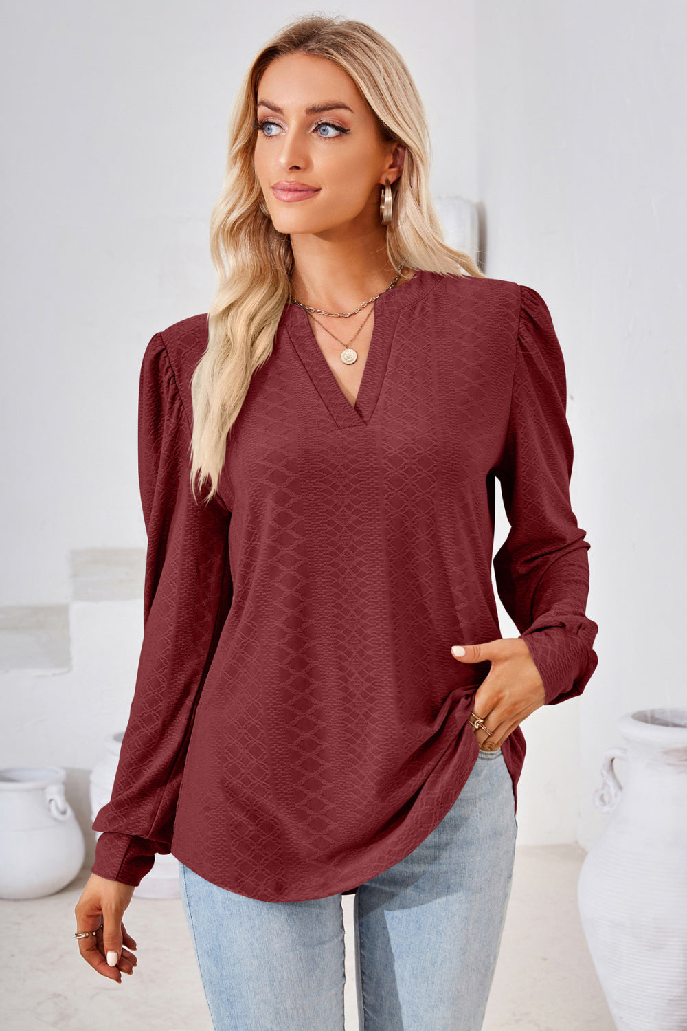 V-Neck Puff Sleeve Blouse BLUE ZONE PLANET