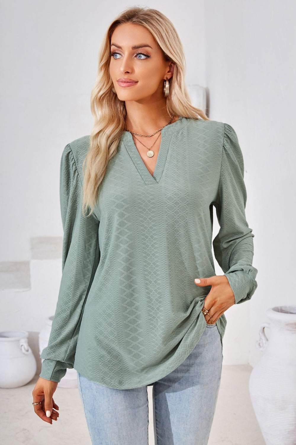 V-Neck Puff Sleeve Blouse BLUE ZONE PLANET