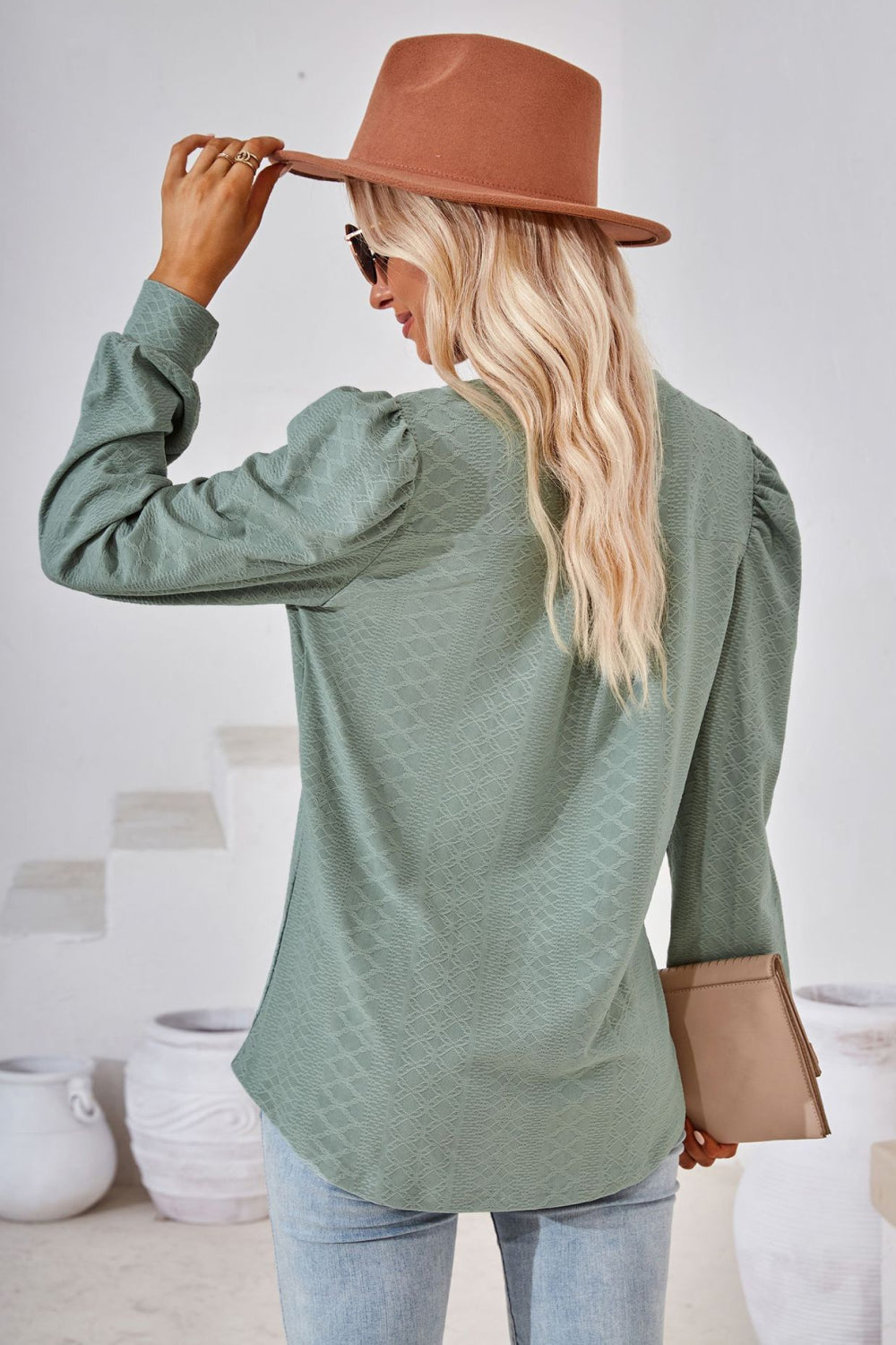 V-Neck Puff Sleeve Blouse BLUE ZONE PLANET