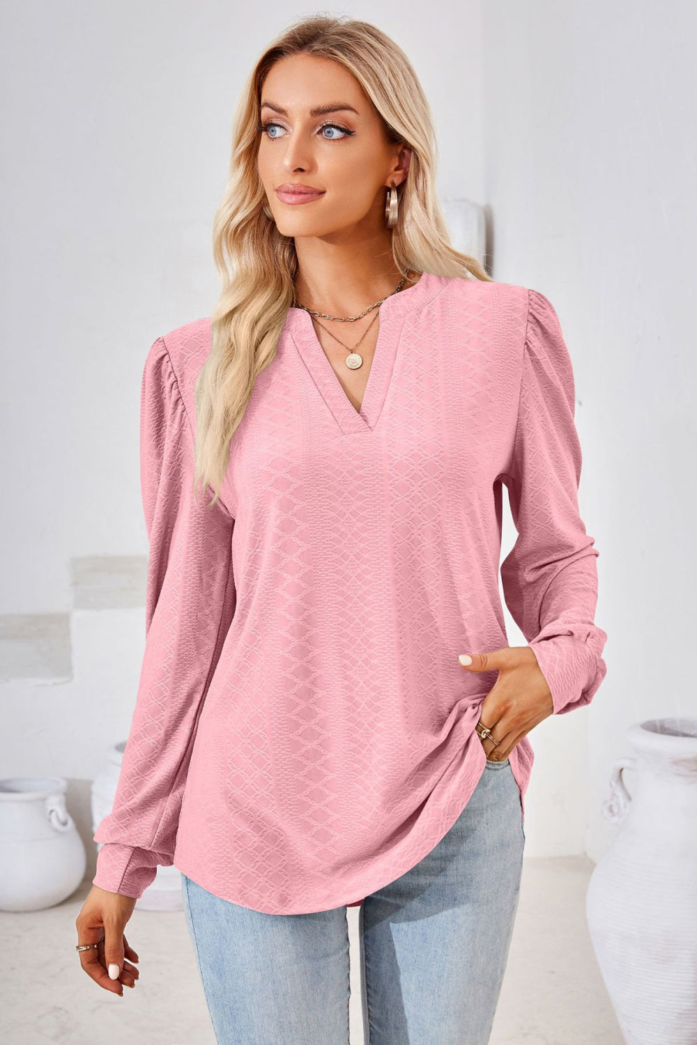 V-Neck Puff Sleeve Blouse BLUE ZONE PLANET