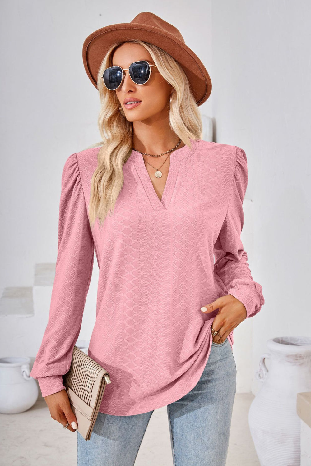 V-Neck Puff Sleeve Blouse BLUE ZONE PLANET